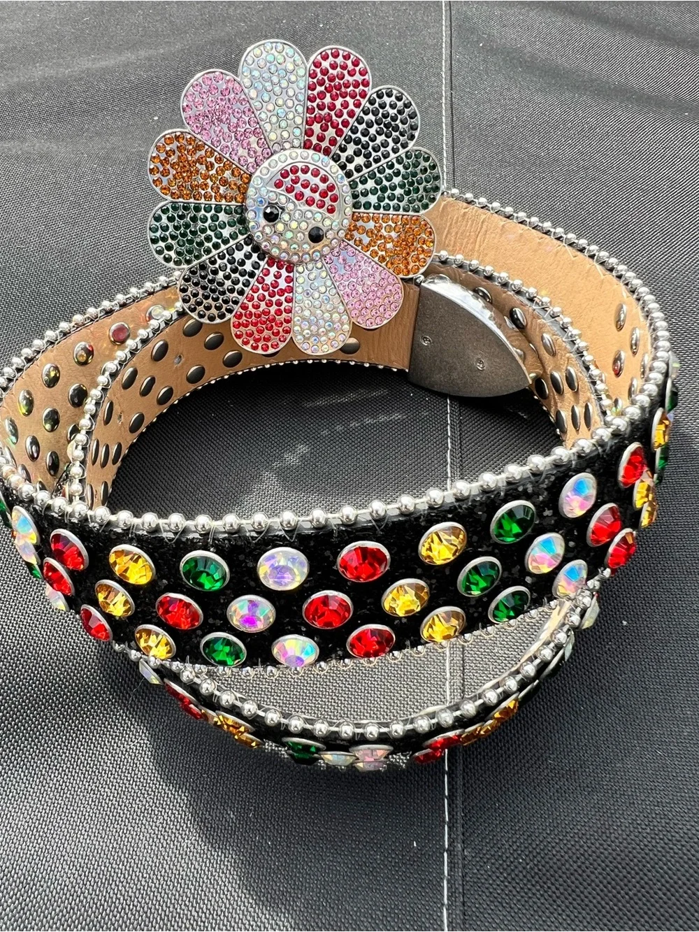Y2K MURAKAMI FLOWER SILVER RHINESTONE GLITTER STUDDED BB BELT *1 Rhinestone Miss